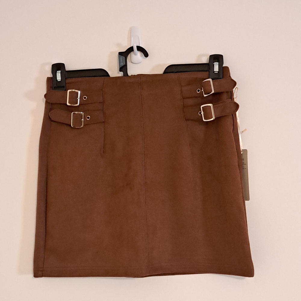Iris Basic Brown Double Buckle Unlined Mini Skirt… - image 3